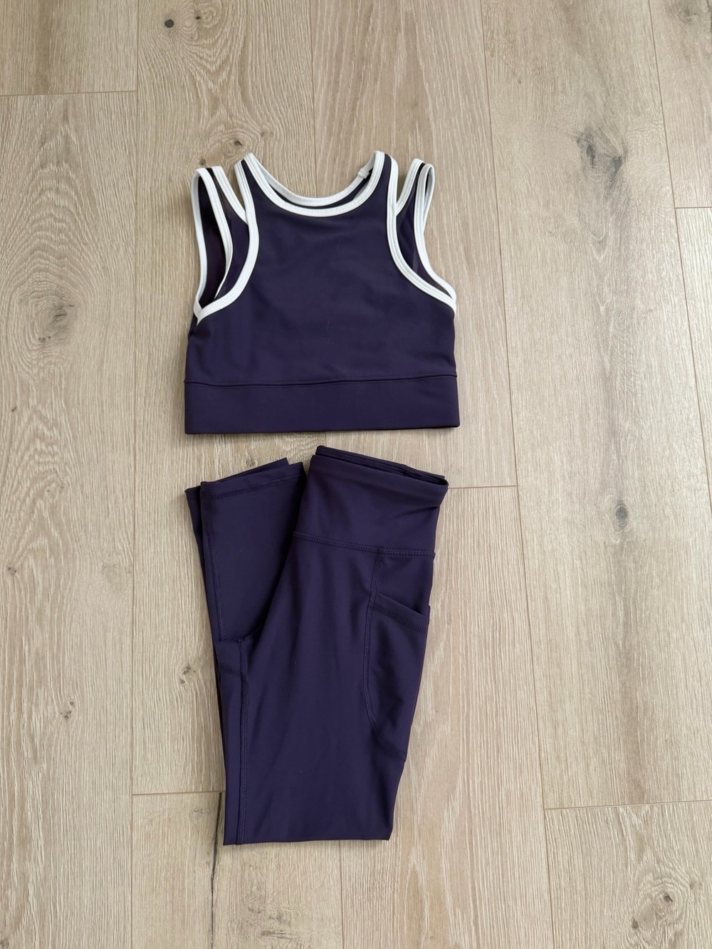 Old Navy Dark Purple Active Crop Tank & Leggings Set with White Trim